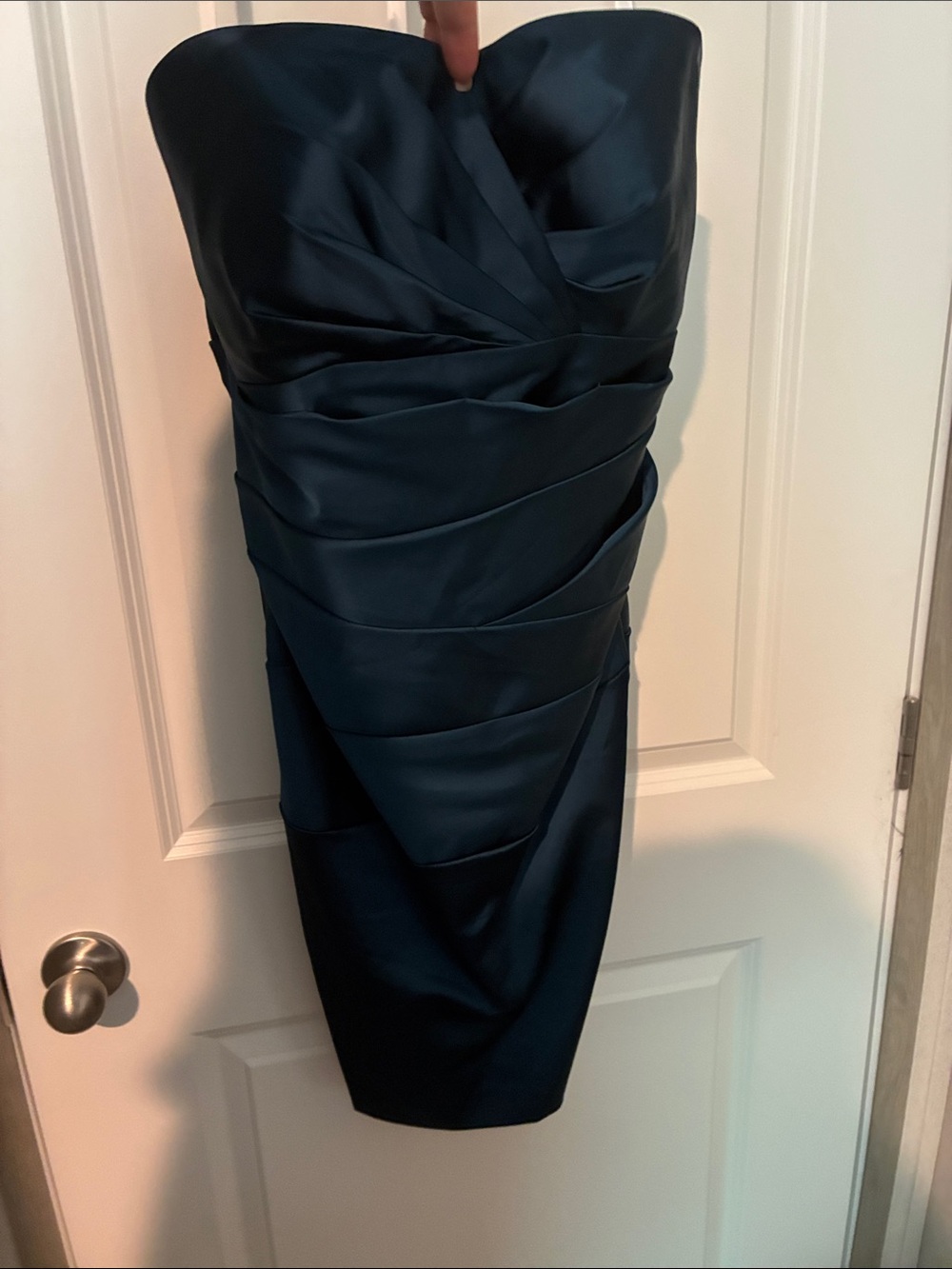 David's Bridal Strapless Navy Satin Sheath Dress